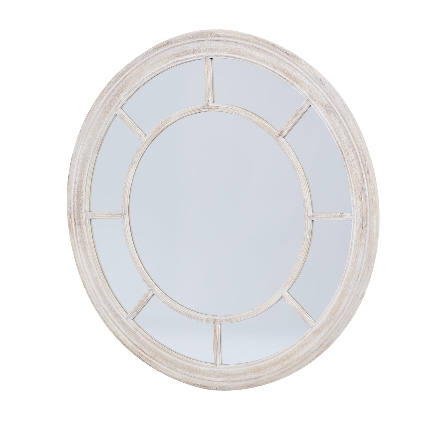 Round wall mirror with a weathered wood frame, featuring a driftwood-inspired finish and elegant circular design.