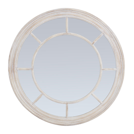 Round mirror with a weathered wood frame, featuring a rustic charm and artisanal details, suitable for modern or rustic decor.