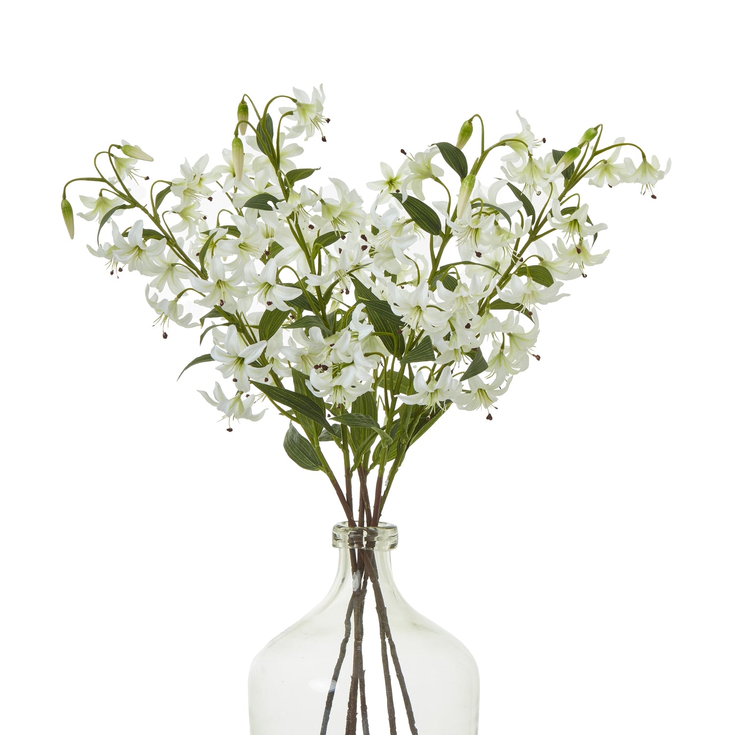 Delicate white bell-shaped flowers and rich green foliage create an elegant Turks Cap Green Lily Spray in a clear vase.