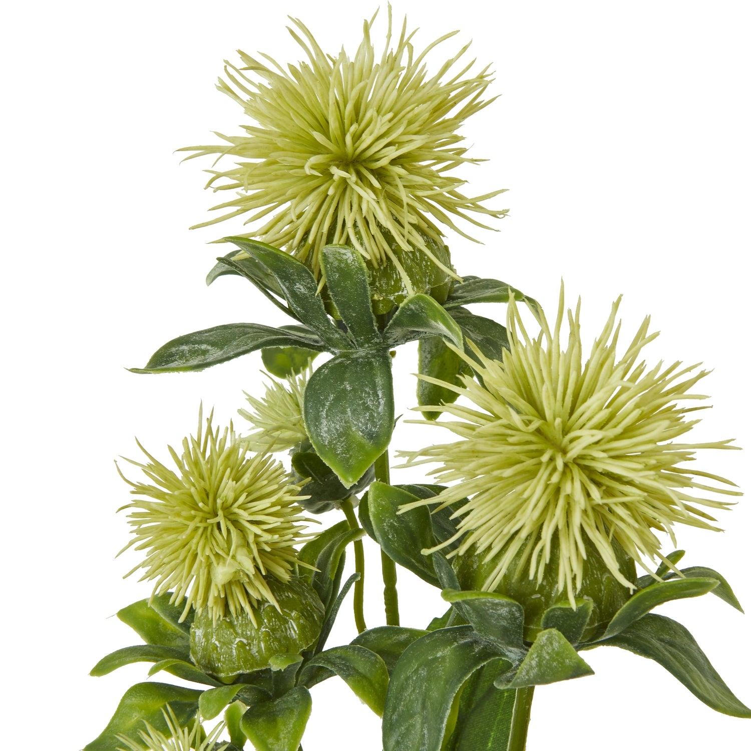 Realistic green safflower spray with intricate, spiky yellow blooms and lush foliage, ideal for elegant decor accents.