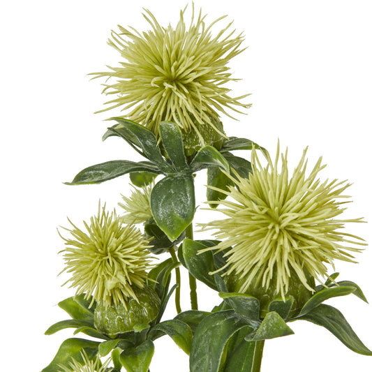 Realistic green safflower spray with intricate, spiky yellow blooms and lush foliage, ideal for elegant decor accents.
