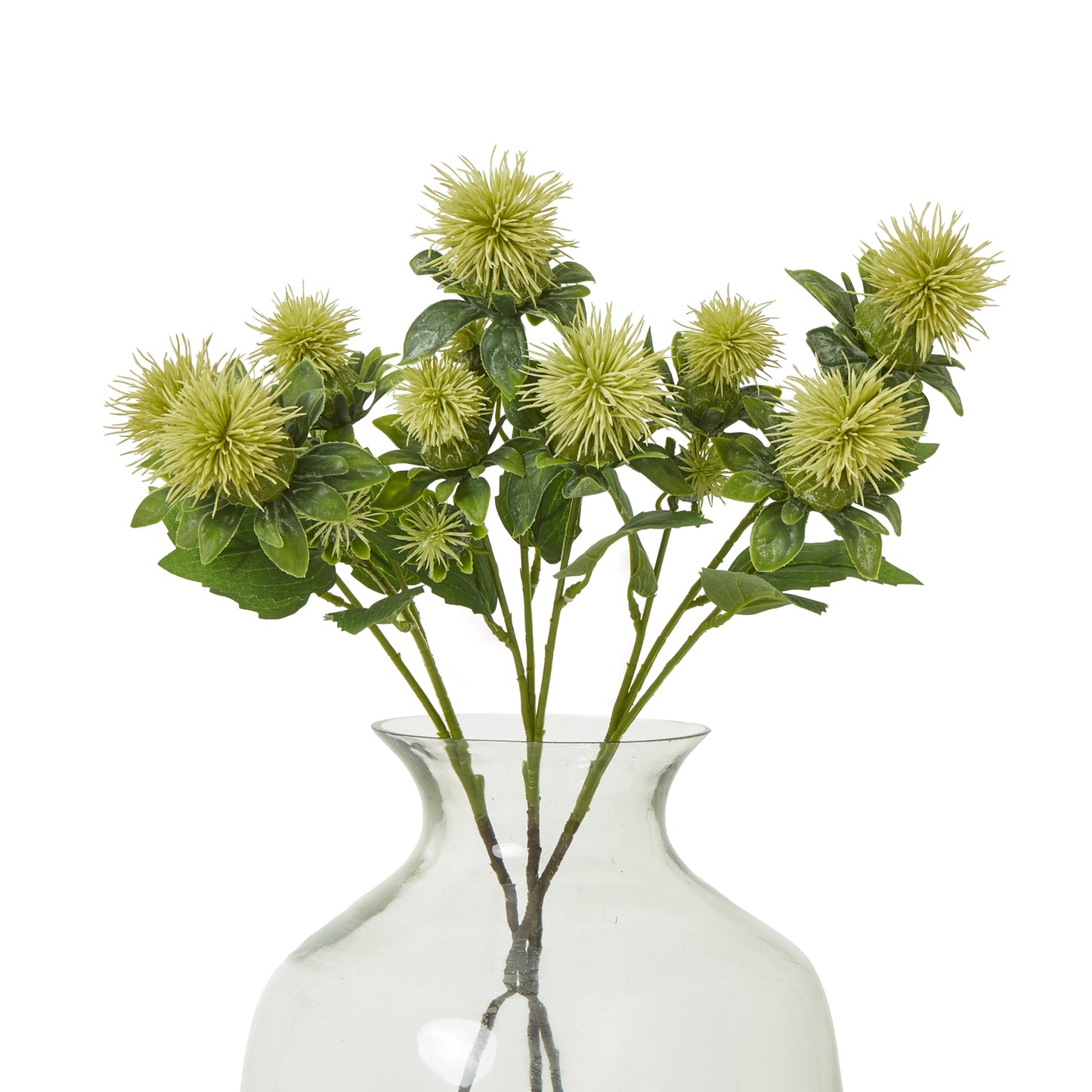 Lifelike green safflower spray with striking yellow petals and lush foliage, arranged elegantly in a clear vase.