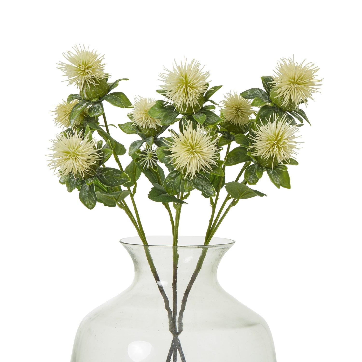 Cream safflower spray with lifelike detailing in a soft cream hue, arranged in a clear glass vase, ideal for elegant decor.