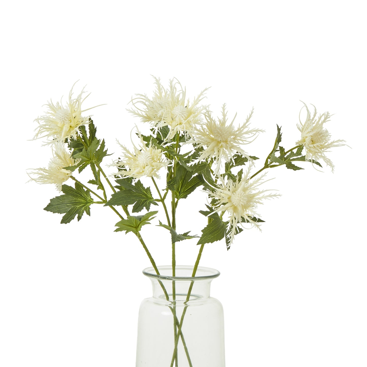 Creamy, feathery blooms of artificial sea holly in a glass vase, evoking coastal tranquility with luxurious detail.