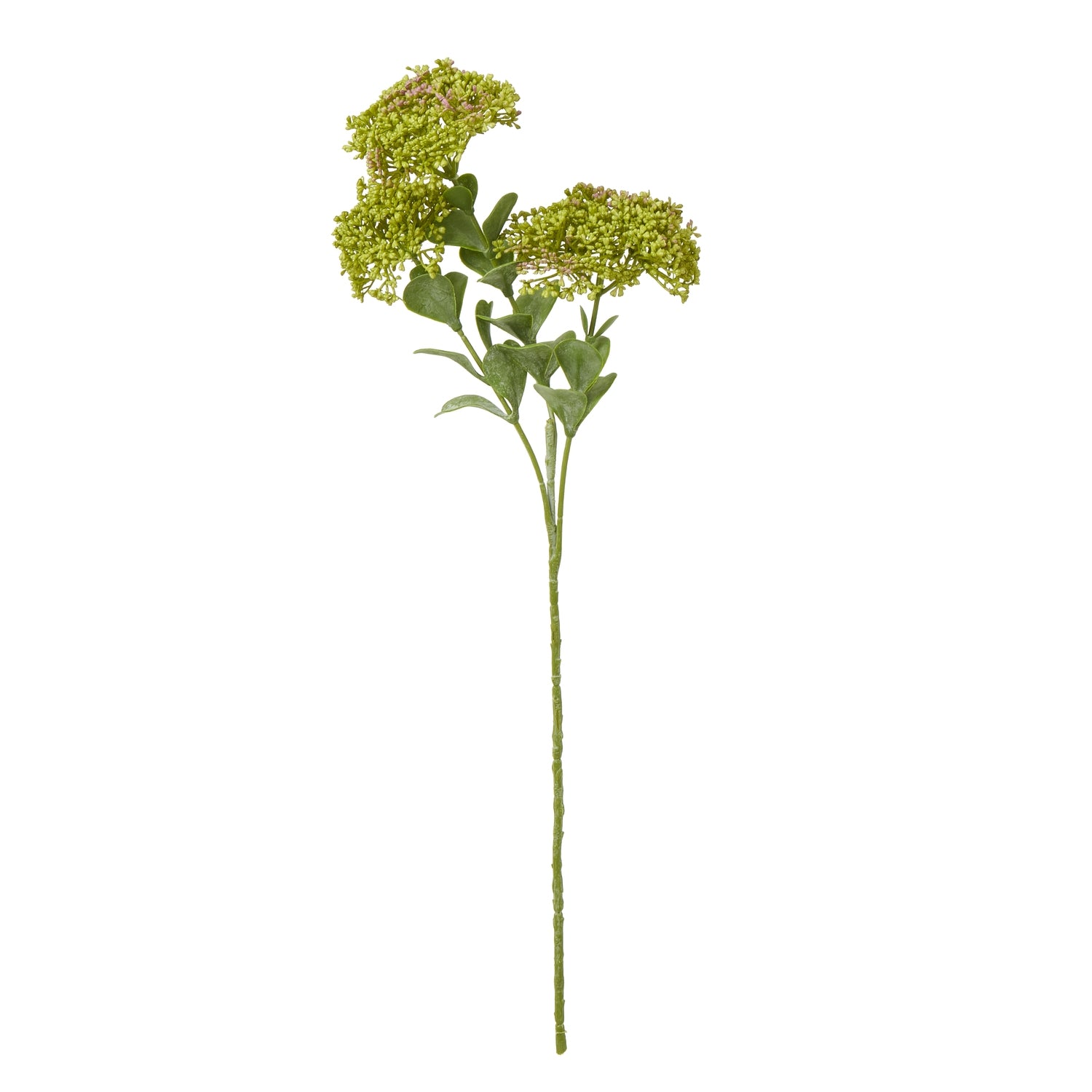 Faux green Sedum Spray with lush, succulent foliage, featuring delicate flowers and leaves on a slender stem, ideal for decor.