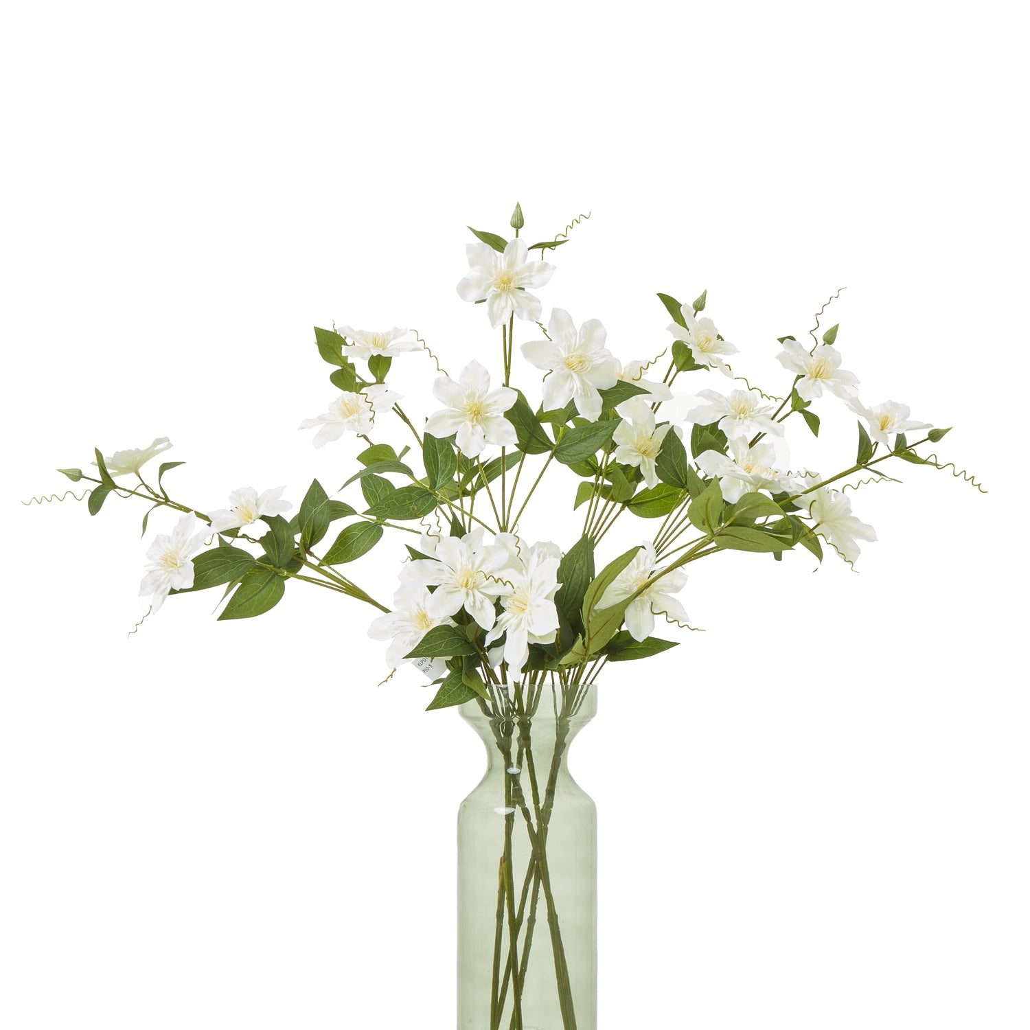 Creamy-white clematis blooms with delicate petals and green leaves, elegantly arranged in a clear vase for sophisticated decor.