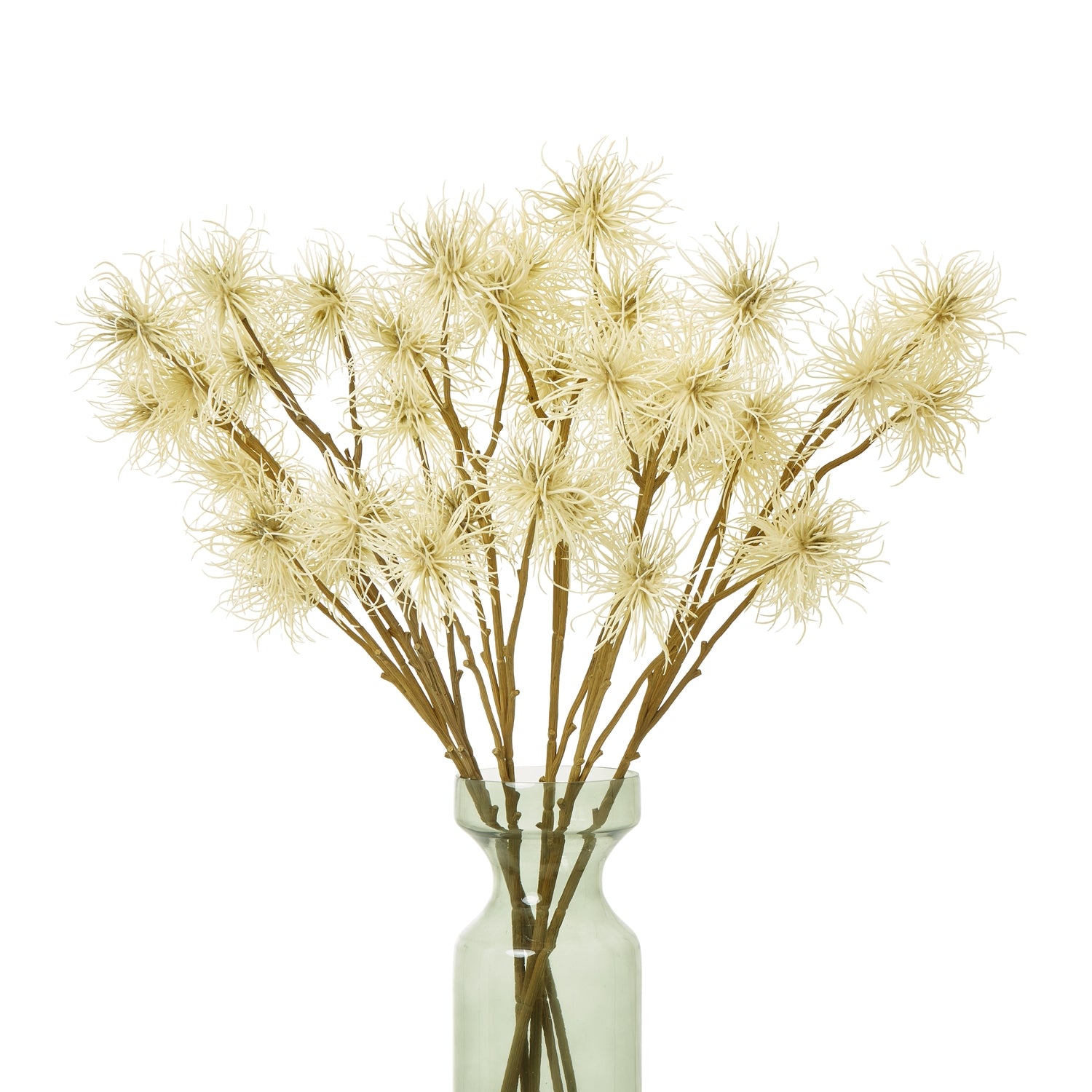 Elegant cream Xanthium spray featuring intricate feathered petals, arranged in a clear glass vase for a refined look.