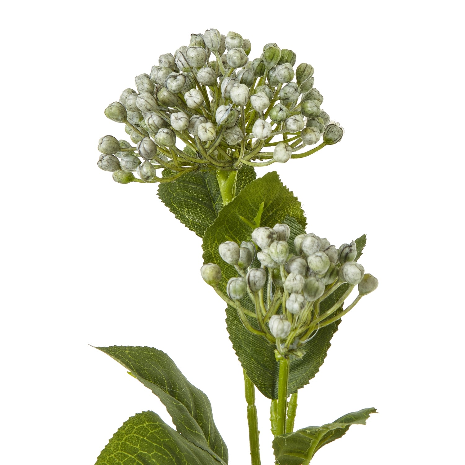 Lifelike blue budding hydrangea spray featuring lush clusters and green foliage, ideal for elegant floral arrangements.
