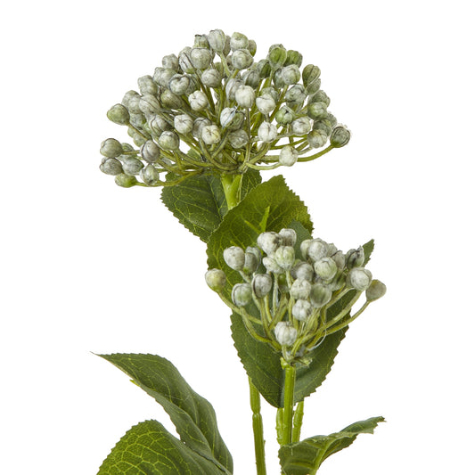 Lifelike blue budding hydrangea spray featuring lush clusters and green foliage, ideal for elegant floral arrangements.