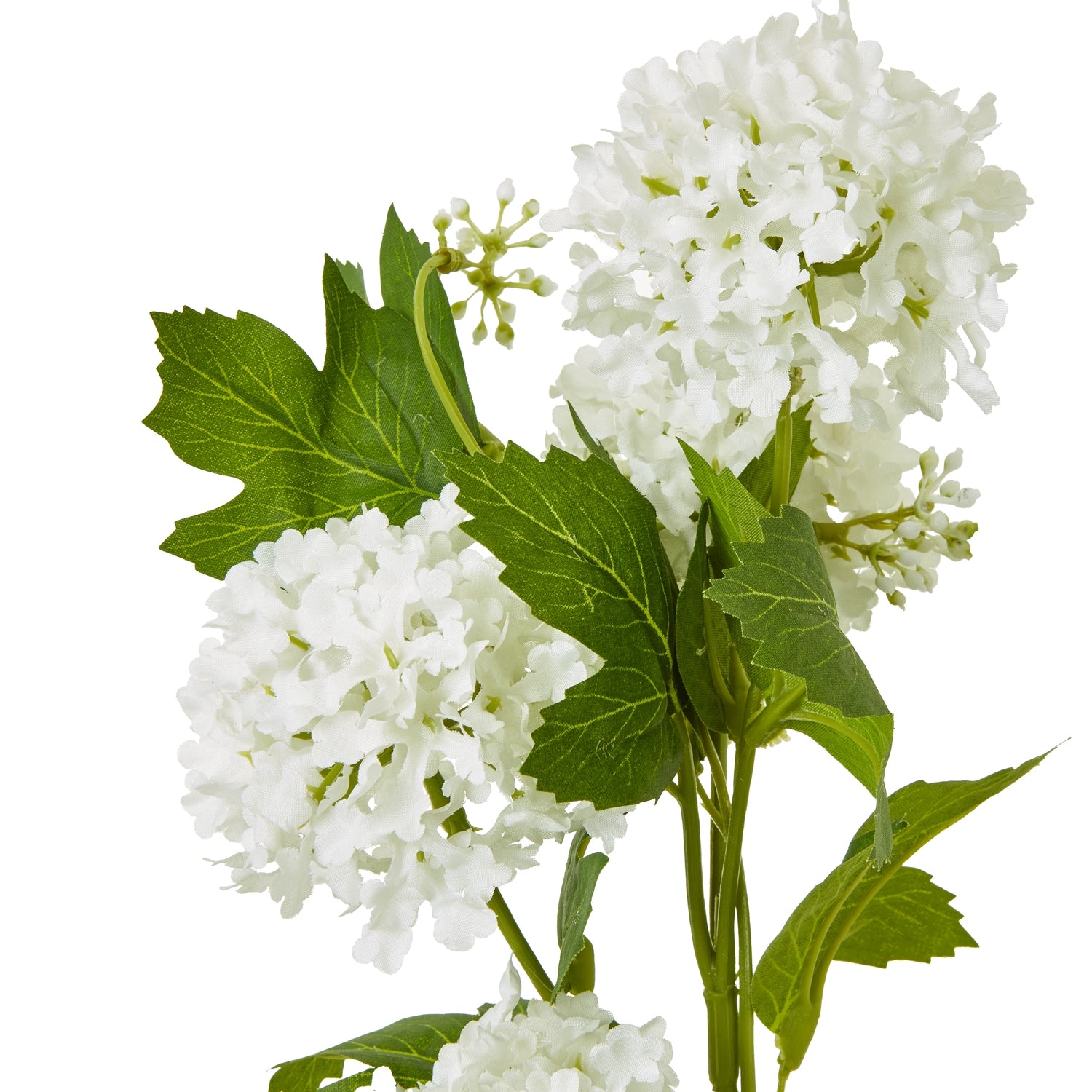 Realistic cream snowball viburnum spray featuring lush green leaves and clusters of delicate white blooms, ideal for sophisticated decor.