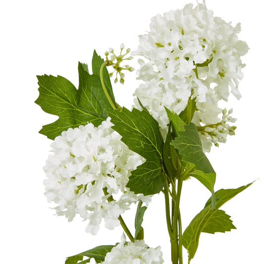 Realistic cream snowball viburnum spray featuring lush green leaves and clusters of delicate white blooms, ideal for sophisticated decor.