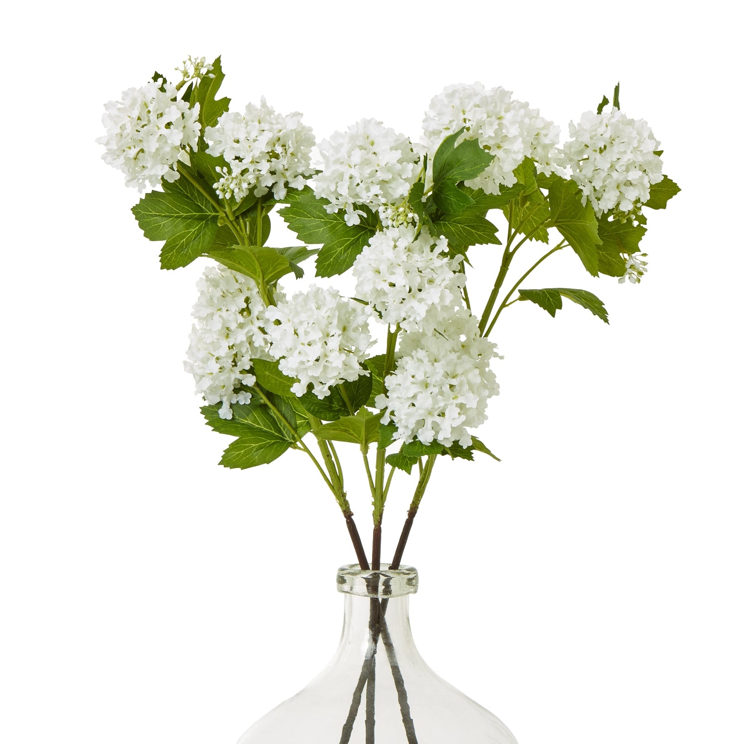 Lifelike cream snowball viburnum spray with spherical white blooms and lush green leaves, perfect for elegant decor.