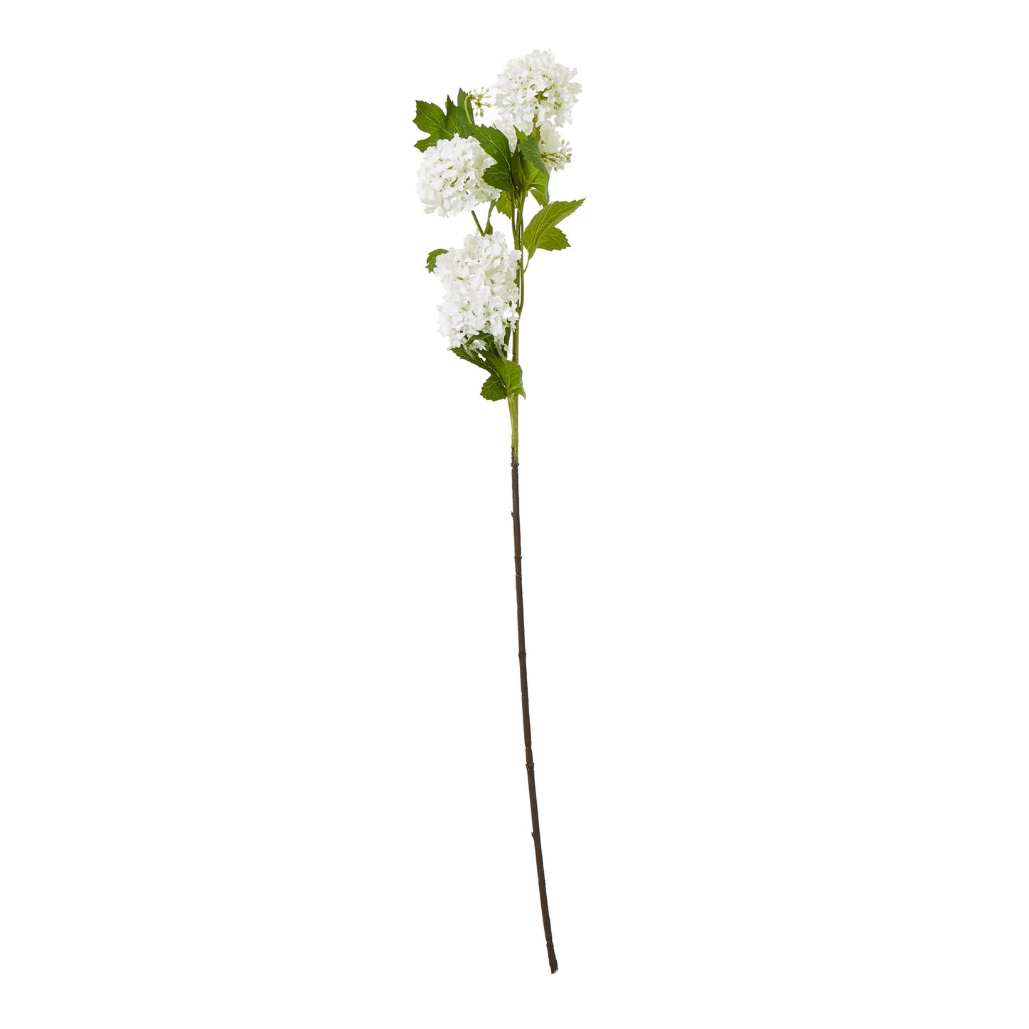 Lifelike cream snowball viburnum spray with spherical clusters of white blooms and lush green leaves on a slender stem.