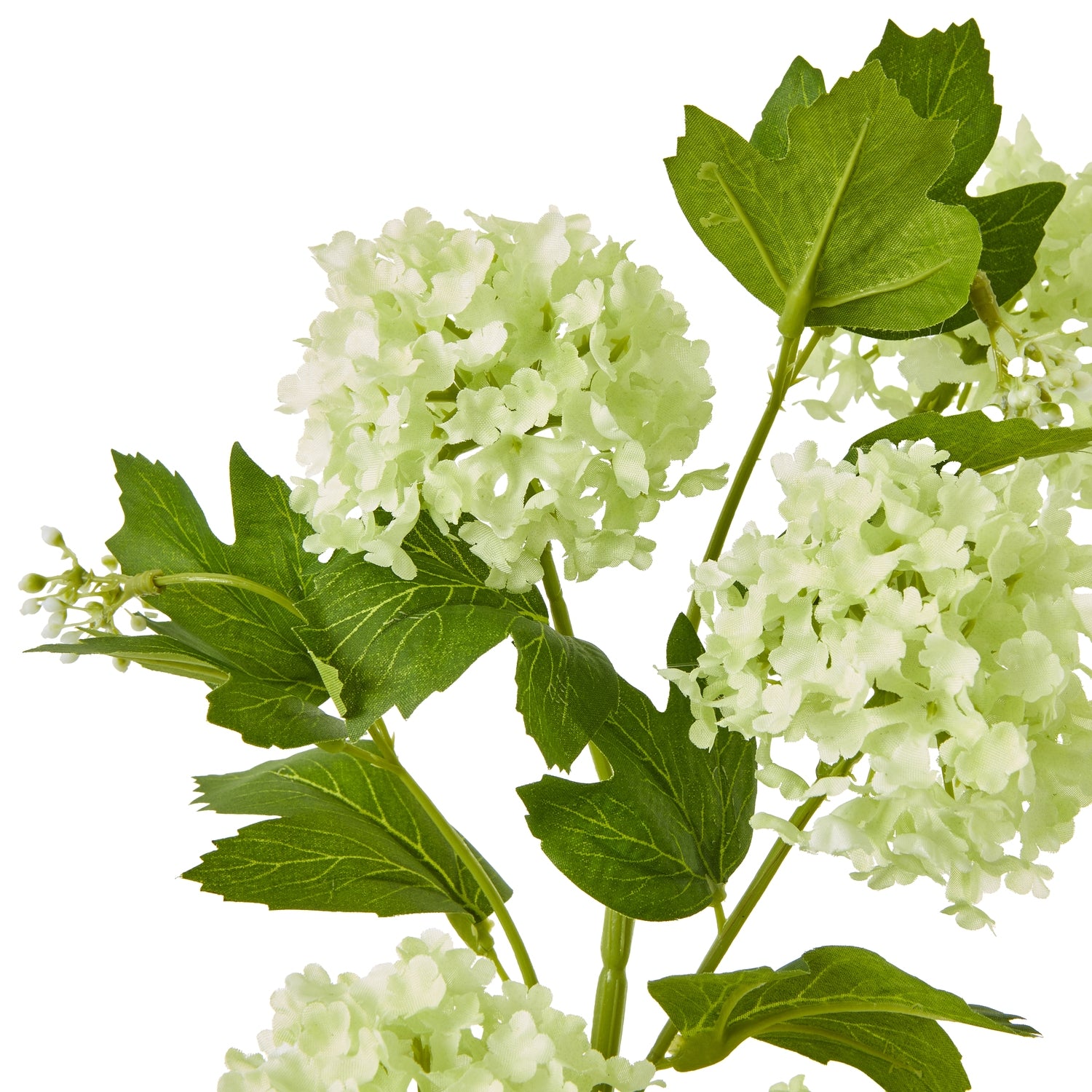 Lush green artificial Green Snowball Viburnum Spray with textured foliage clusters, perfect for elegant floral arrangements.