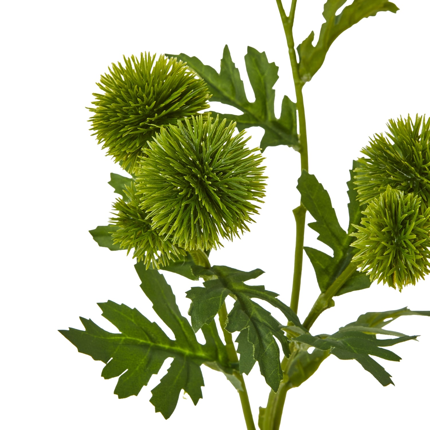 Lush green artificial thistle spray featuring spherical blooms and detailed leaves, perfect for elegant decor.