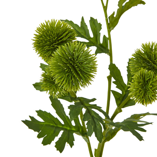 Lush green artificial thistle spray featuring spherical blooms and detailed leaves, perfect for elegant decor.