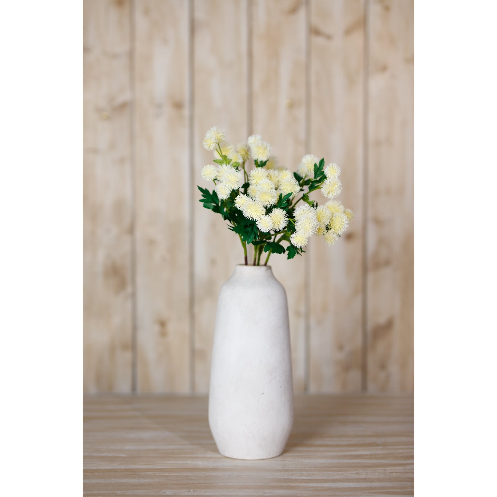 Soft cream spherical blooms with lush green foliage in a tall, textured white vase against a warm wood backdrop.