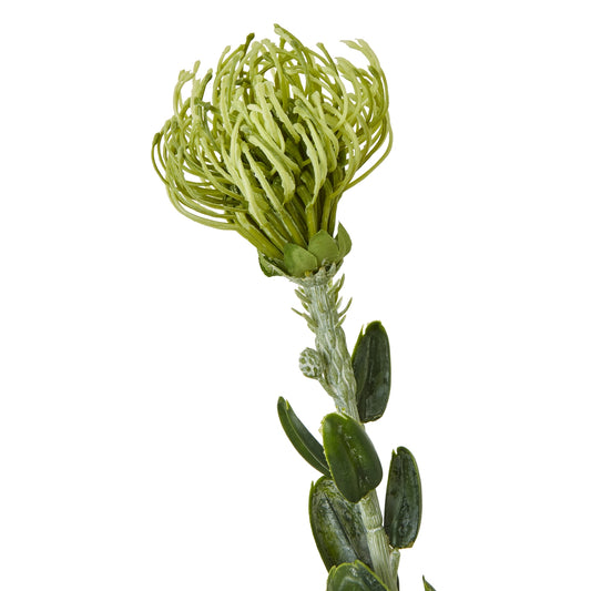 Lifelike green Pincushion Protea spray with intricate details and realistic foliage, adding elegance to any space.