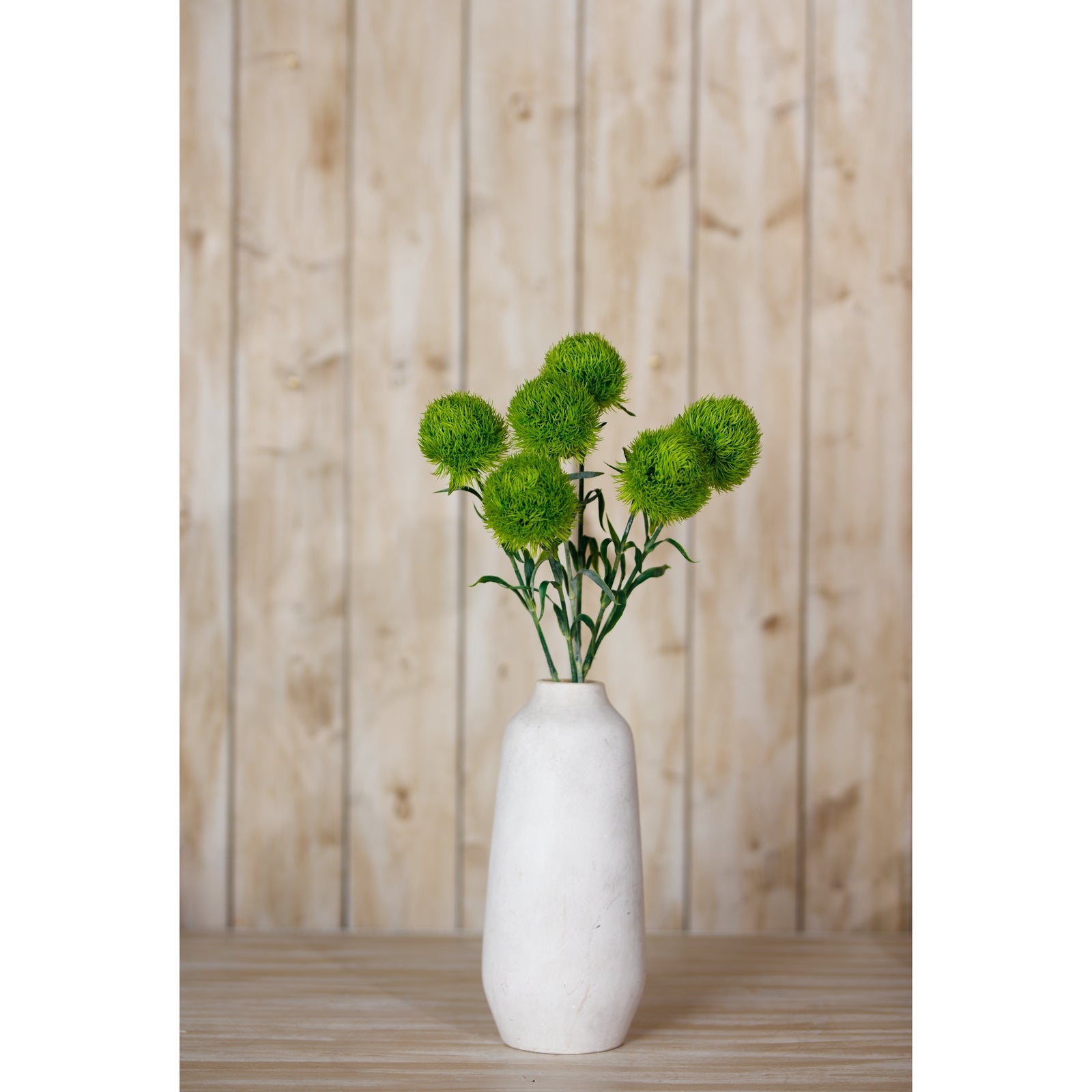 Light green Dianthus stem with round, textured blooms in a white vase, set against a rustic wooden background.