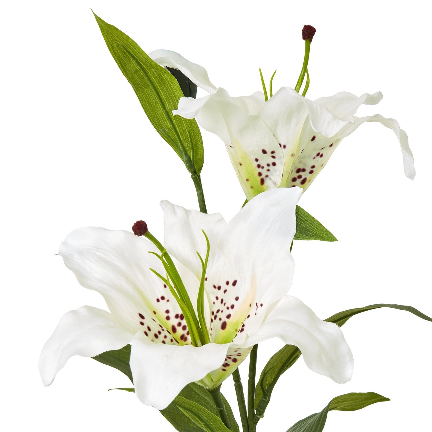 Elegant white Madonna lily spray featuring lifelike ivory blooms, delicate petals, and natural-looking foliage, ideal for home decor.