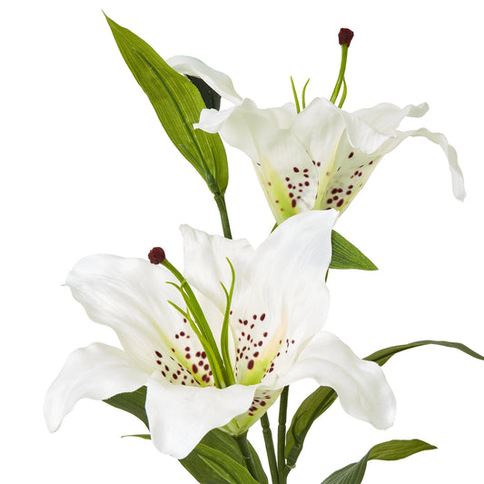 Elegant white Madonna lily spray featuring lifelike ivory blooms, delicate petals, and natural-looking foliage, ideal for home decor.