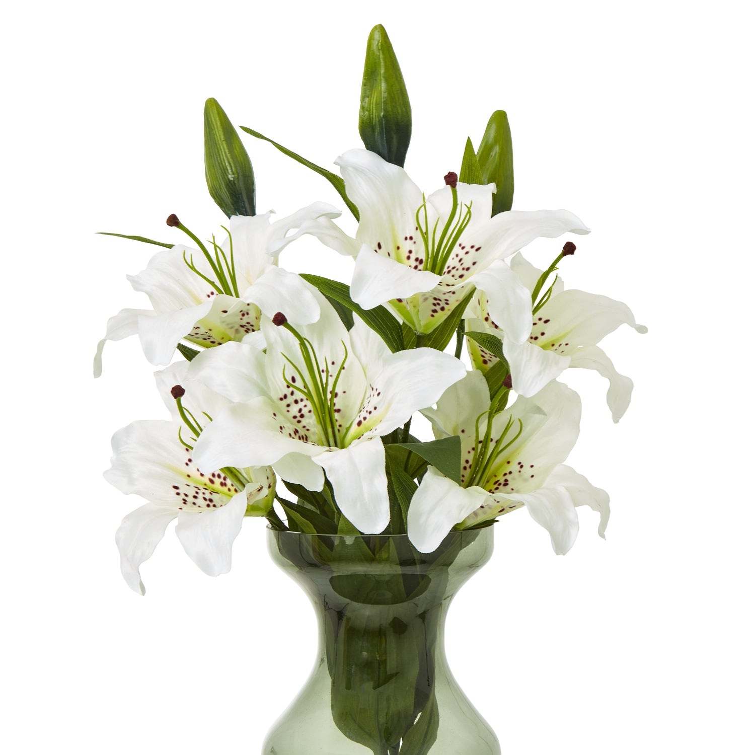 Lifelike white Madonna lily spray with ivory blooms and delicate petals in a green vase, enhancing elegant home decor.