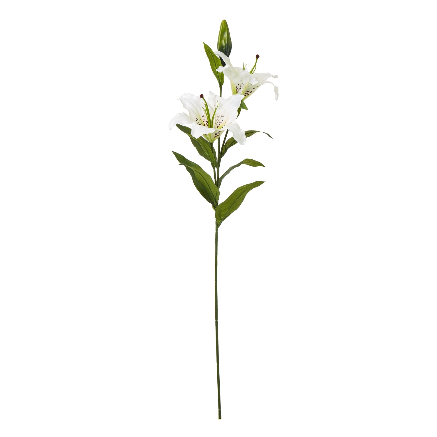 Lifelike white Madonna lily spray with delicate blooms and green foliage, ideal for elegant home decor and floral arrangements.