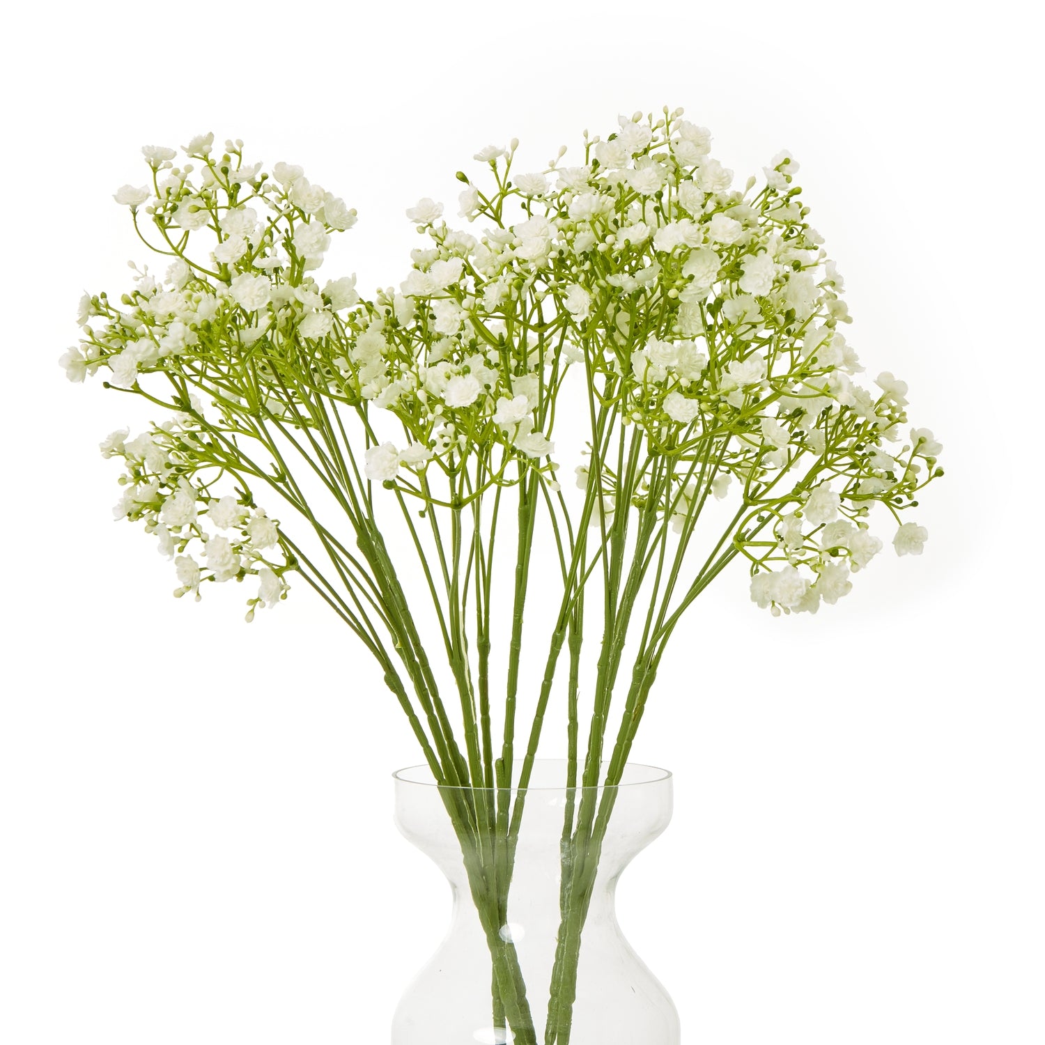 Faux cream gypsophila stem with delicate white blooms and green stems in a clear vase, adding an elegant, airy touch to decor.