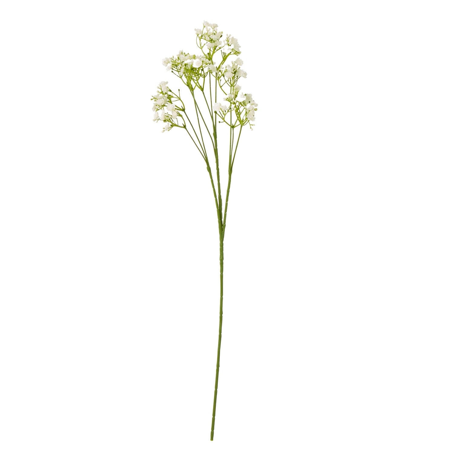 Faux cream gypsophila stem with delicate white blooms atop a slender green stem, exuding elegance and airy charm.