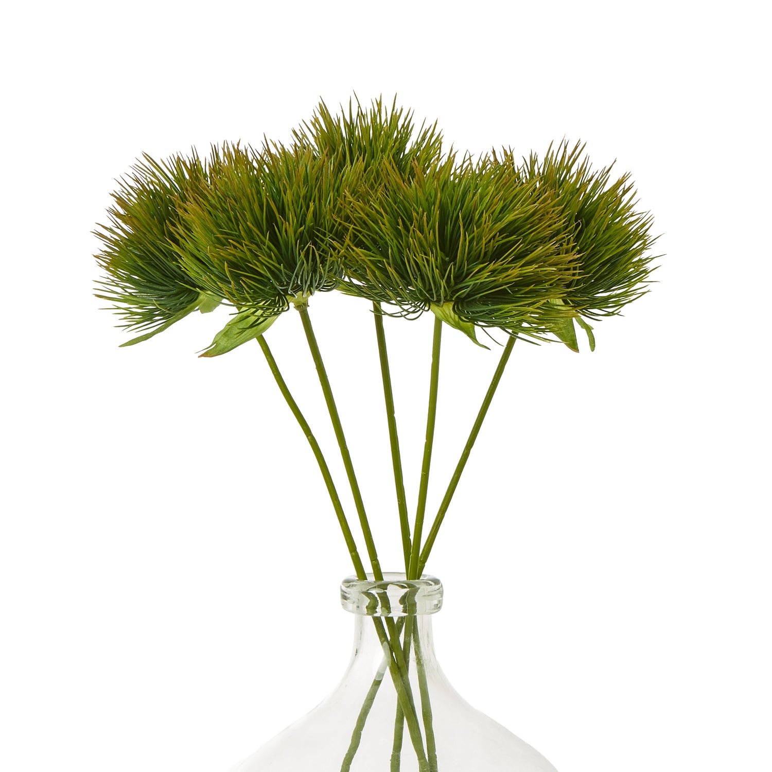 Lush green artificial moss stem featuring delicate, feathery fronds in a clear vase, enhancing any decor style.