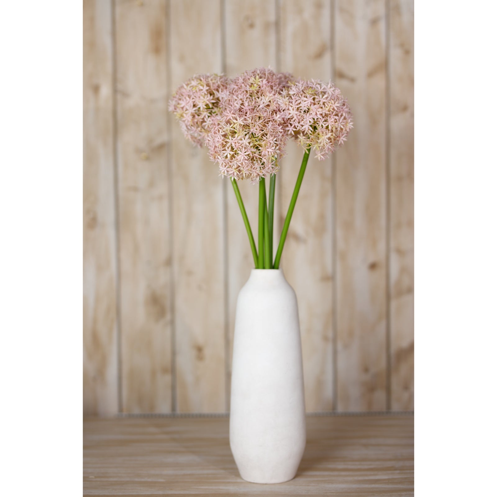 Delicate lavender allium stems in a white vase, set against a wooden backdrop, exuding elegance and sophistication.