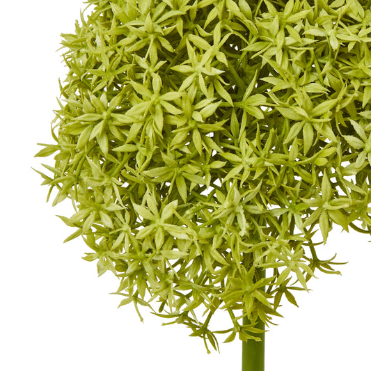 Vibrant green faux allium stem featuring a spherical bloom and textured foliage, perfect for enhancing modern or rustic decor.