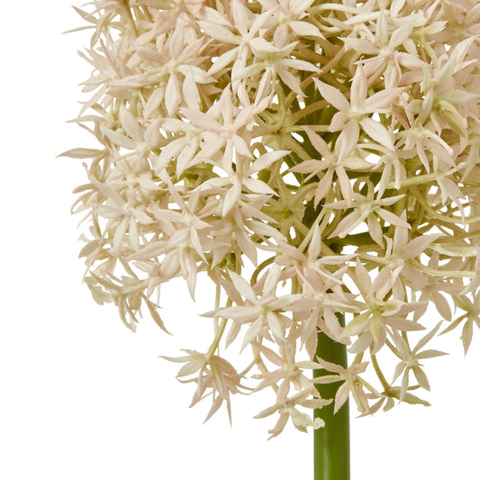 Pink and ivory faux allium stem with delicate spherical blooms, showcasing realistic textures for elegant home decor.