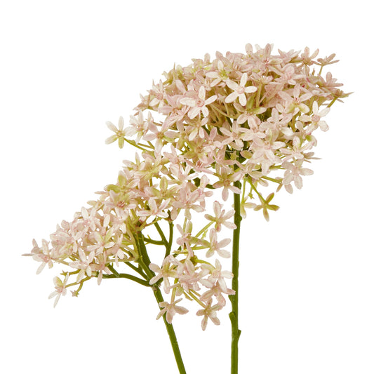 Delicate pink hydrangea blossoms cascade from a slender green stem, showcasing a lifelike, elegant design for decor.