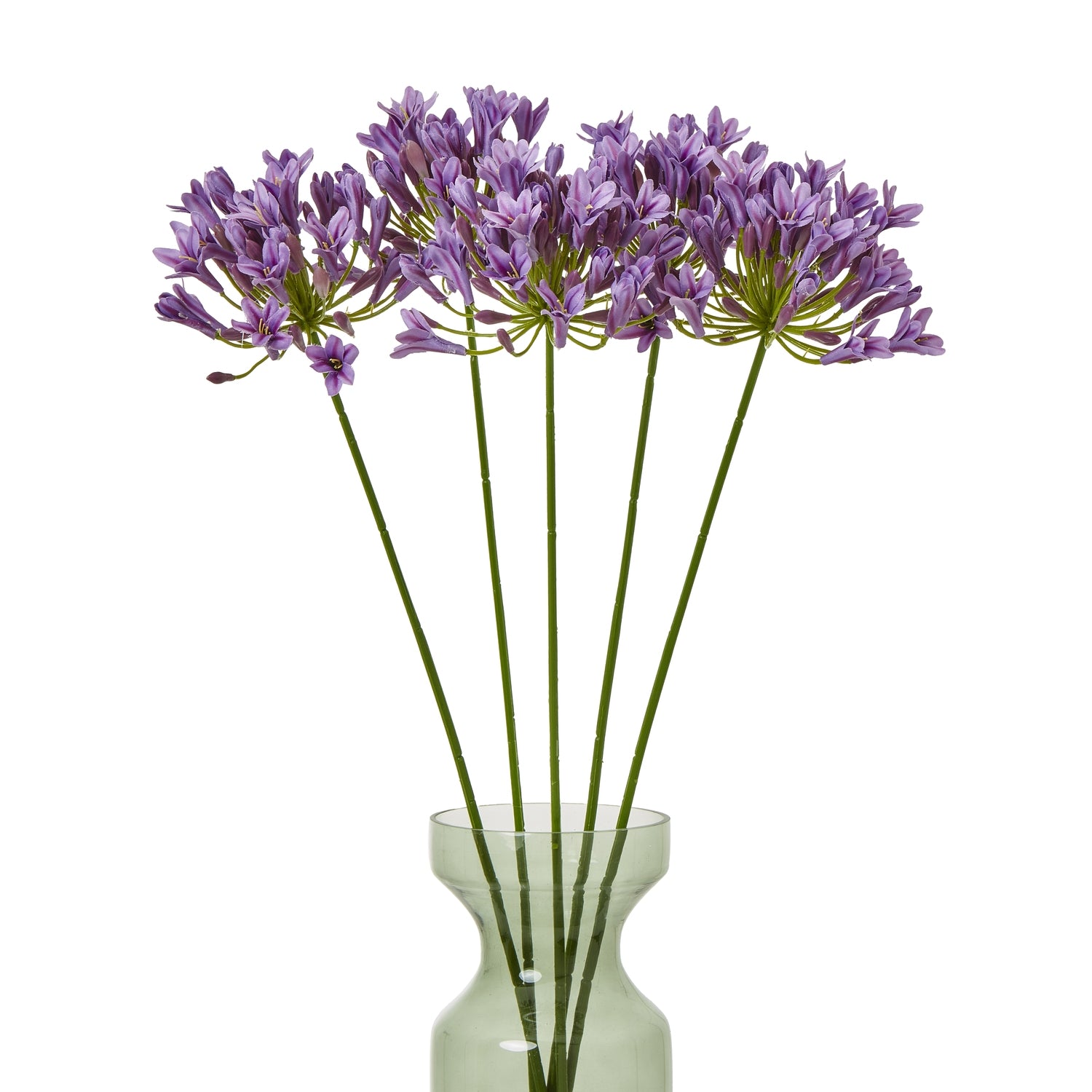 A lush arrangement of lilac agapanthus blooms in a clear, green glass vase, showcasing delicate petals and slender stems.