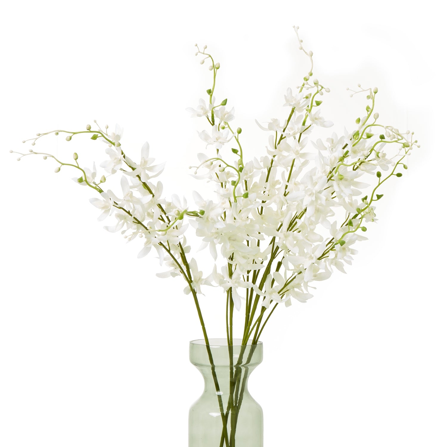 Graceful white Cymbidium spray in a clear vase, featuring delicate blooms and natural green accents for a serene, elegant touch.
