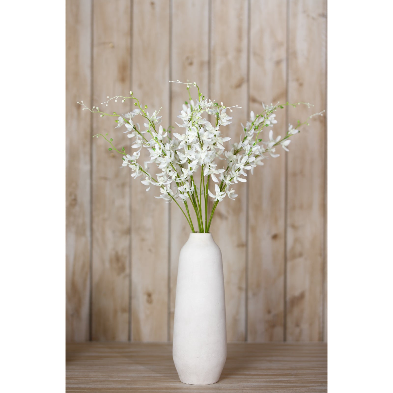 Elegant white cymbidium spray in a tall, minimalist vase, surrounded by slender green stems, enhancing serene home decor.