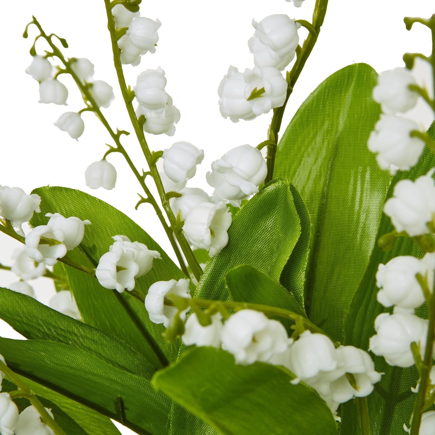 Realistic bunch of white Lily of the Valley flowers with lush green leaves, perfect for elegant home decor arrangements.