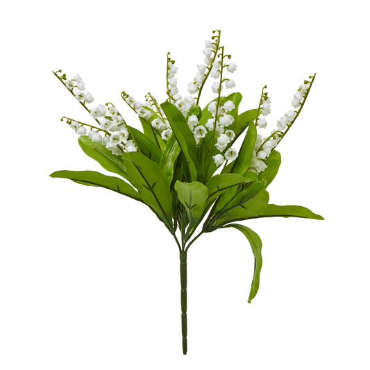 Bunch of artificial Lily of the Valley flowers with white blooms and lush green leaves, perfect for elegant decor arrangements.