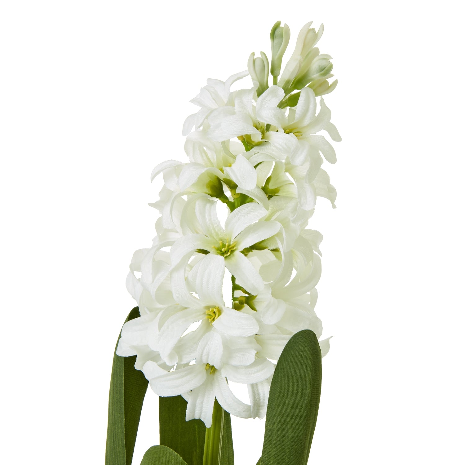 Elegant artificial white hyacinth stem with intricate detailing, featuring pristine blossoms and lush green leaves. Perfect for stylish decor.