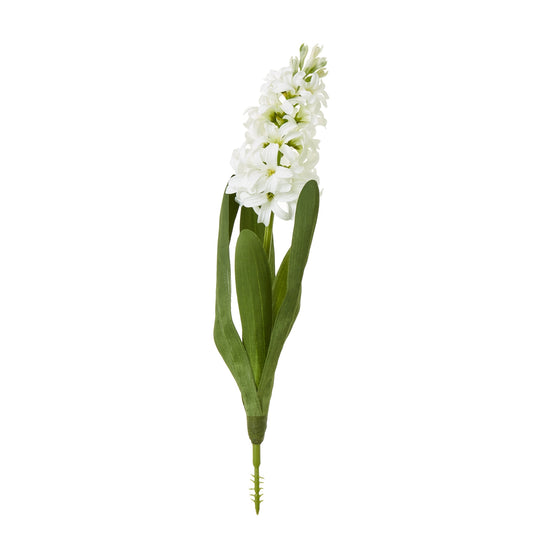Elegant white hyacinth stem with delicate florets and lush green leaves, perfect for sophisticated home or office decor.