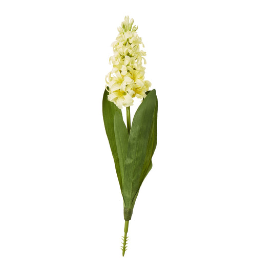 Vibrant yellow hyacinth stem with realistic blooms and lush green leaves, perfect for enhancing home decor.