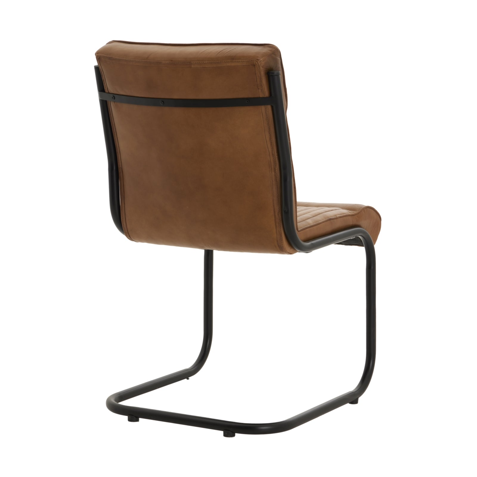 Sophisticated dining chair with caramel leather upholstery and a bold black metal frame, combining elegance and industrial charm.