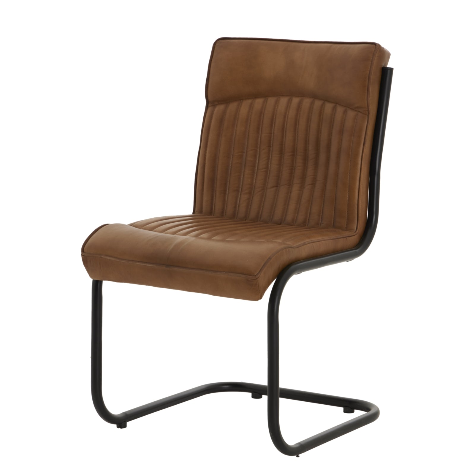 Caramel leather dining chair with a ribbed design and sleek black metal frame, combining industrial charm with modern elegance.