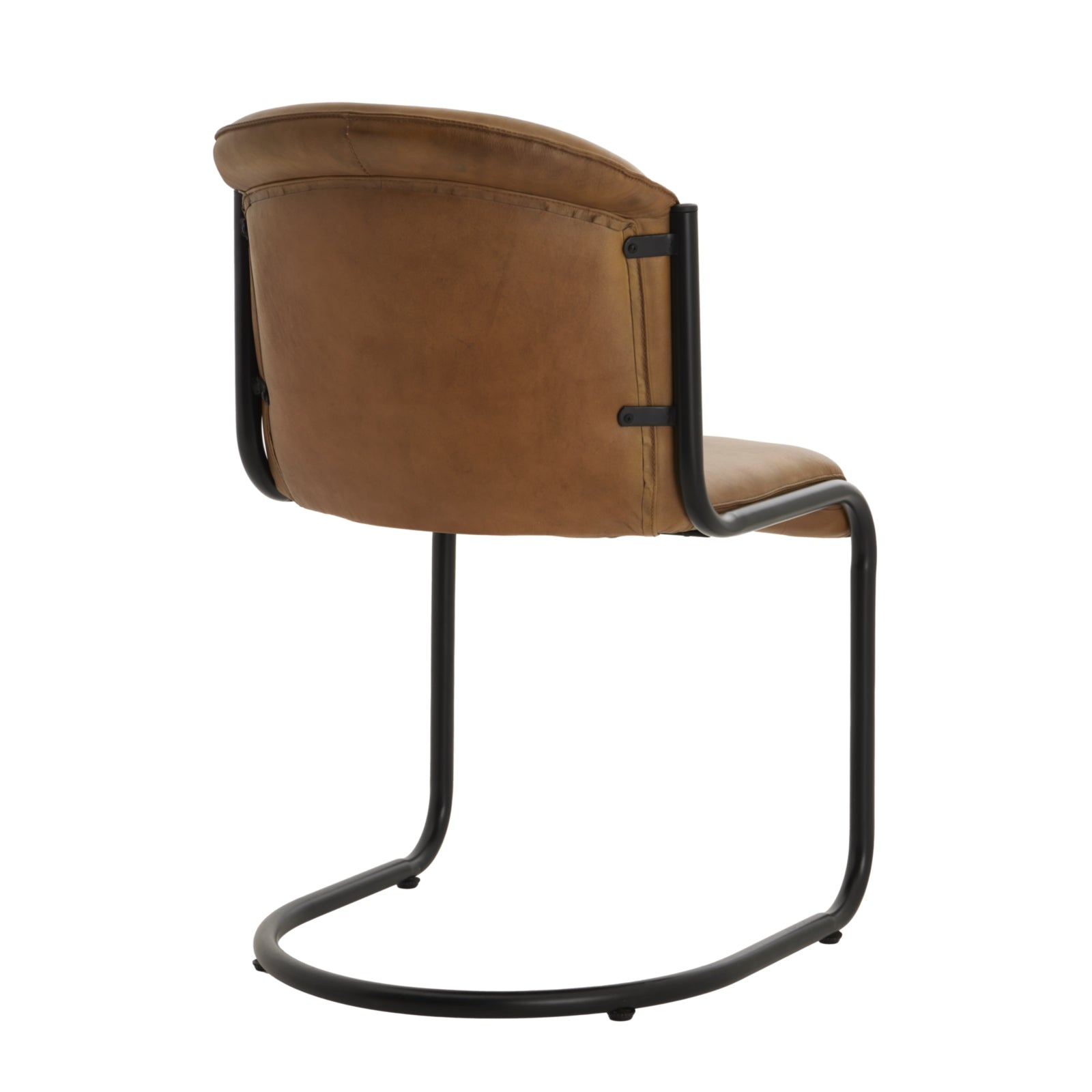 Curved dining chair with a warm tan full-grain leather seat and back, supported by a sleek black metal frame.
