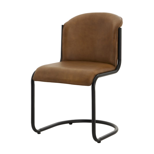 Curved dining chair with a rich brown leather seat and backrest, supported by a sleek black metal frame.