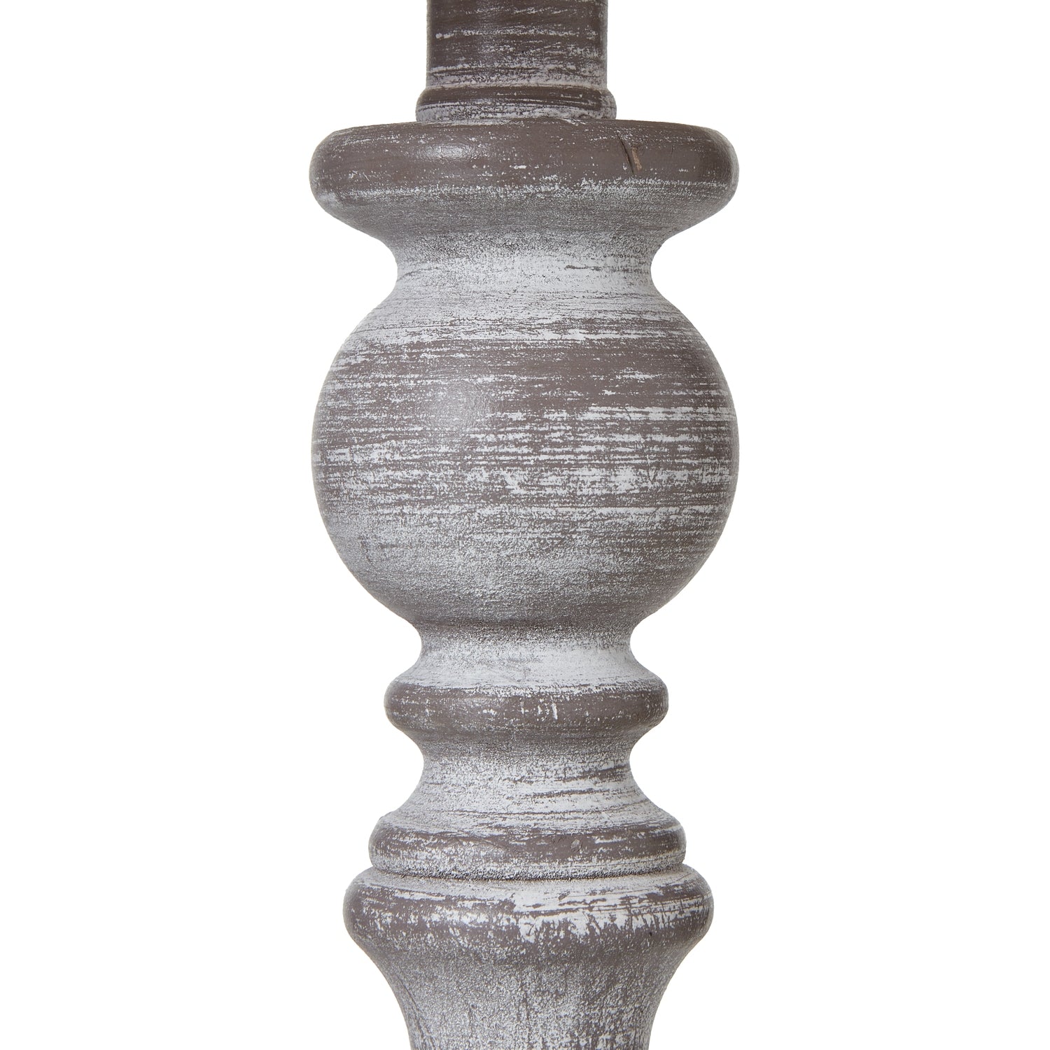 Elegant table lamp featuring a rustic gray column base with intricate carvings and a soft white linen shade for warm light.
