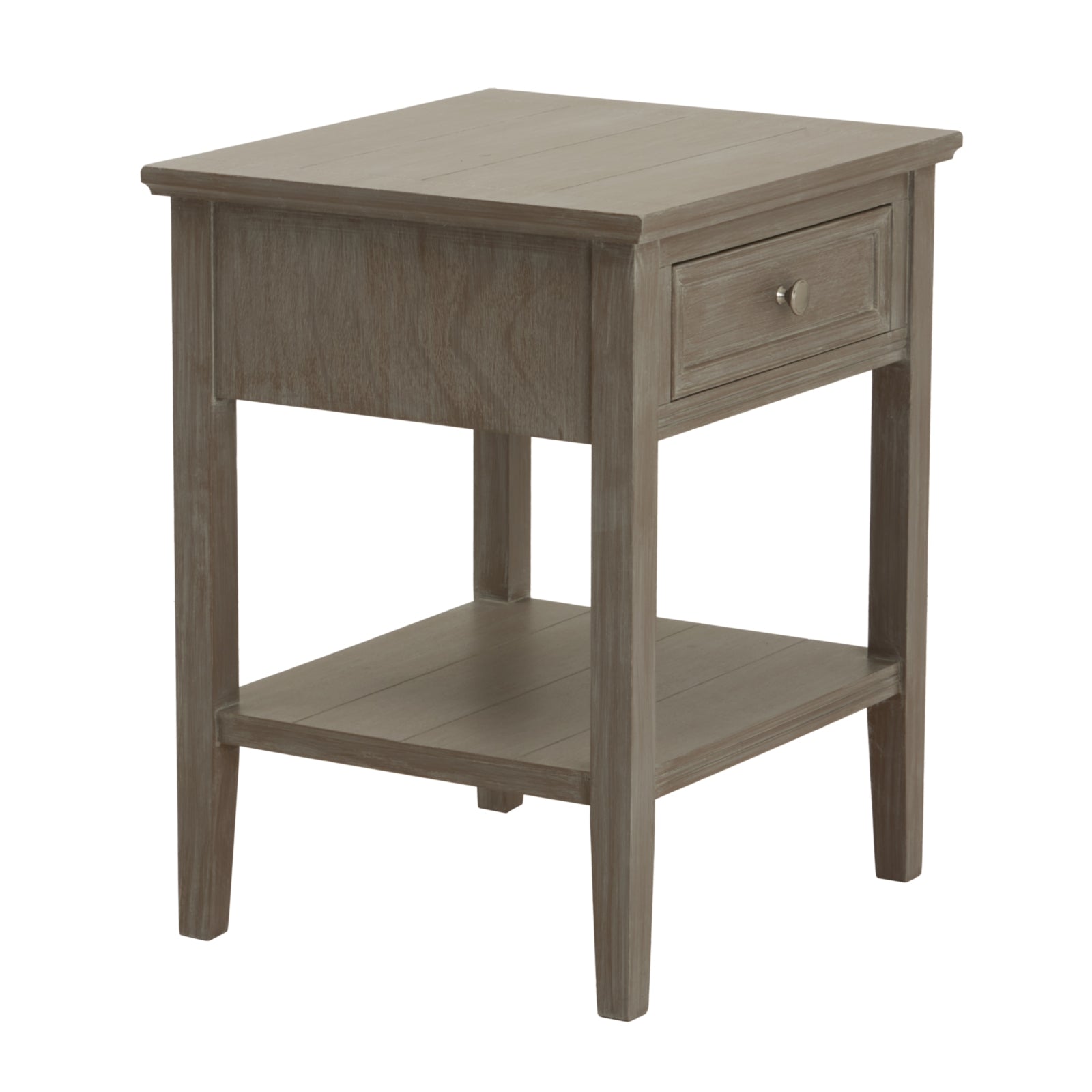 Refined oak side table with a minimalist design, featuring a single drawer and a bottom shelf for discreet storage.