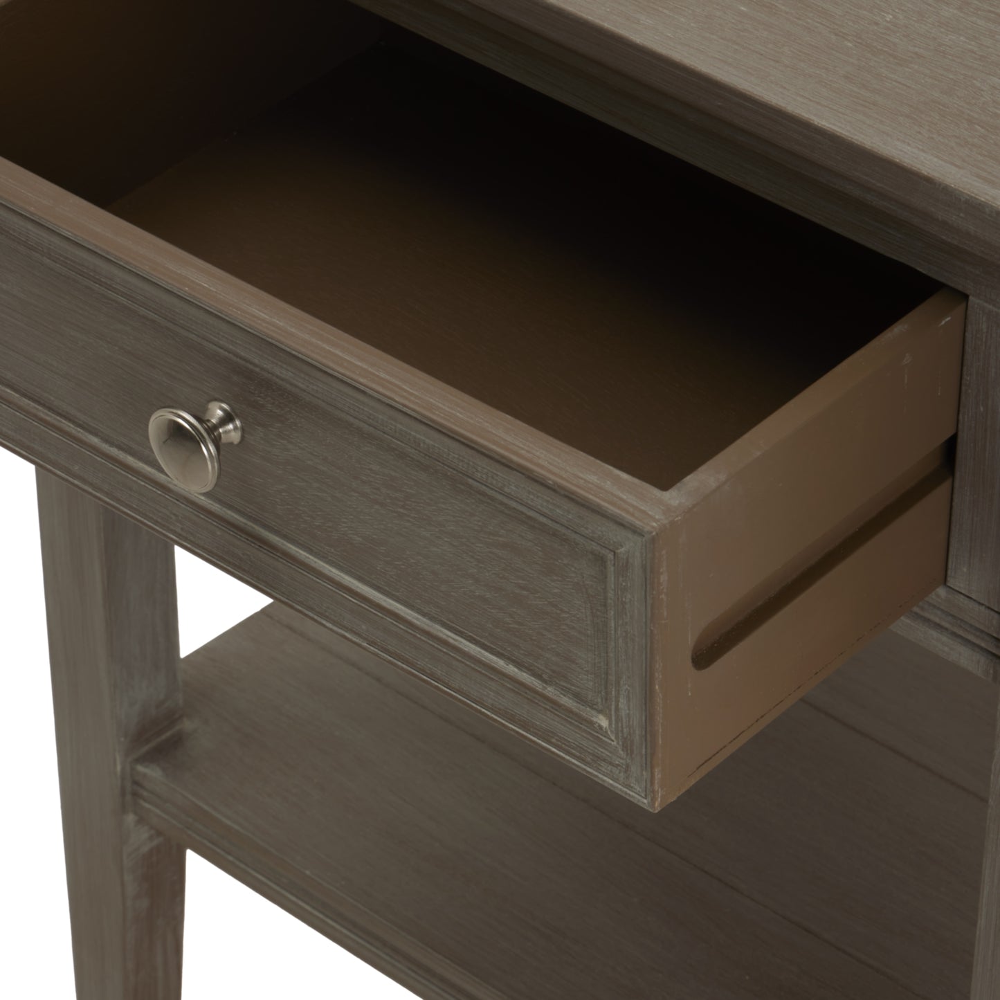 Refined oak side table features clean lines, a single drawer for discreet storage, and a minimalist design to enhance any decor.