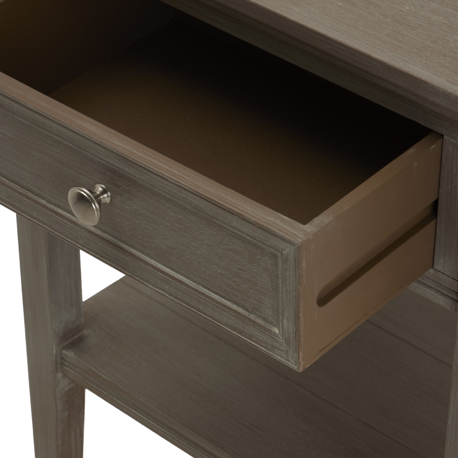Refined oak side table features clean lines, a single drawer for discreet storage, and a minimalist design to enhance any decor.